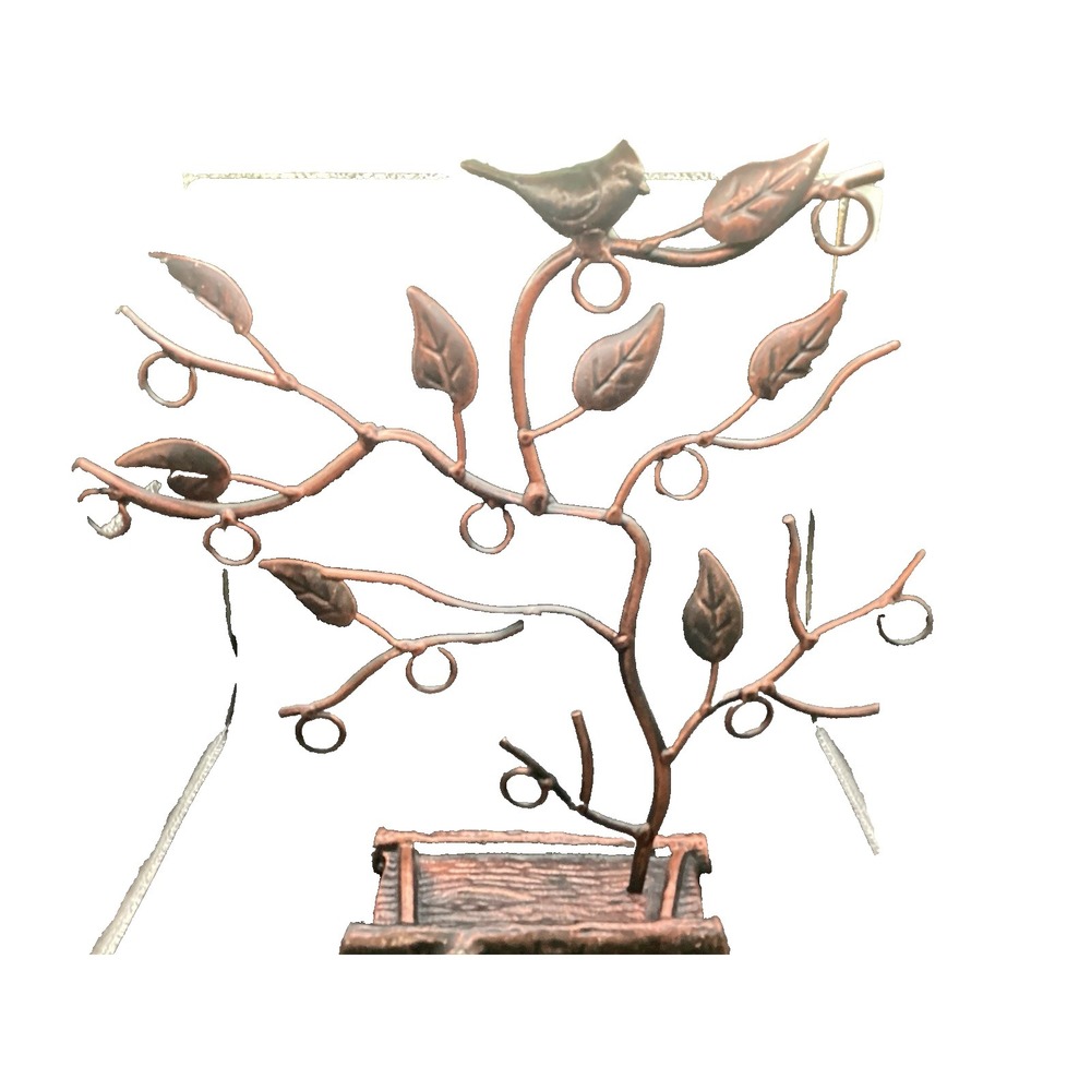 VTG Metal Earring Tree W/ Bird / Trinket Tray Bronze Look - 11"‎ Tall, 11" Wide